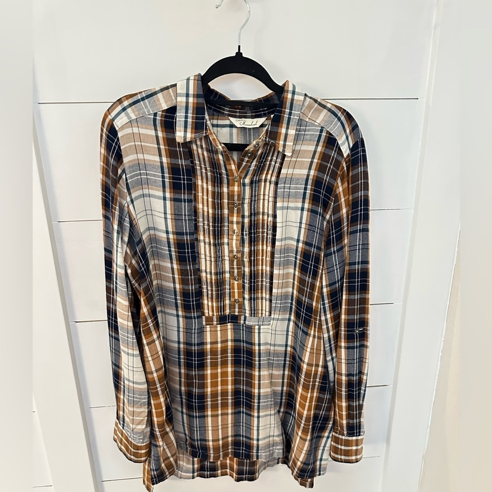 CAFE MARRAKESH S Brown plaid woman 1/2 button long sleeve rayon flannel